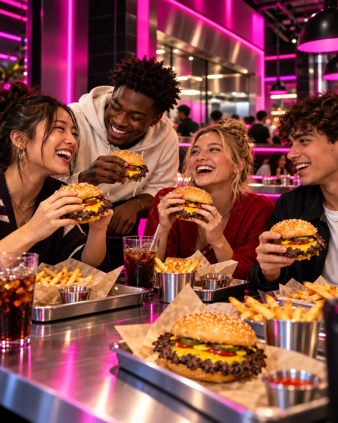 Friends sharing ONE Burgers and fries