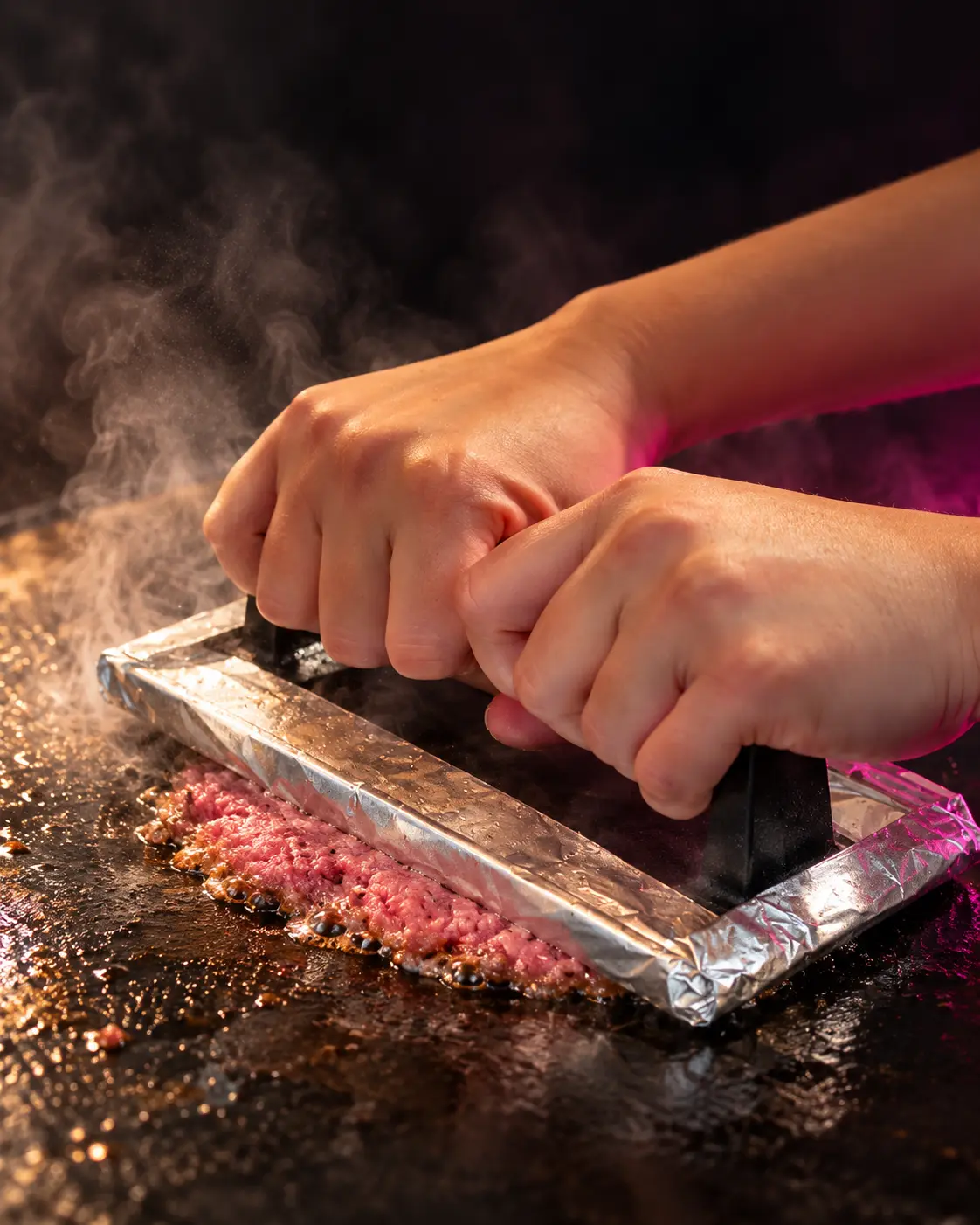 Fresh beef being smashed onto the hot ONE Burger grill
